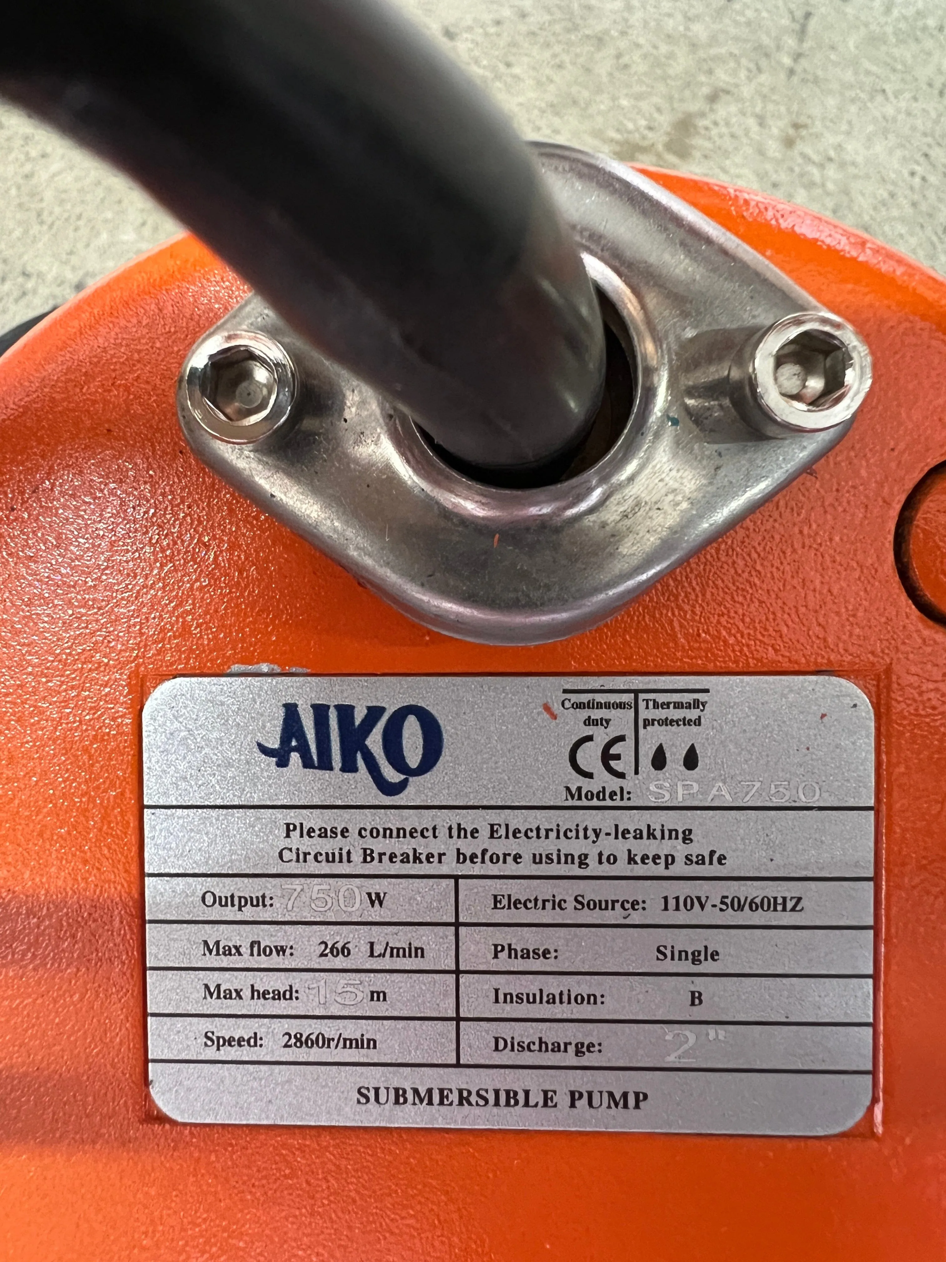AIKO 2 SUBMERSIBLE PUMP 110V 60HZ 750W WITHOUT FLOAT #SPA750 | MODEL: WP-SPA750-110V