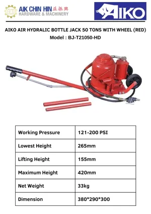 Aiko Air Hydraulic Bottle Jack 50 Tons With Wheel (Red) | Model : BJ-T21050-HD