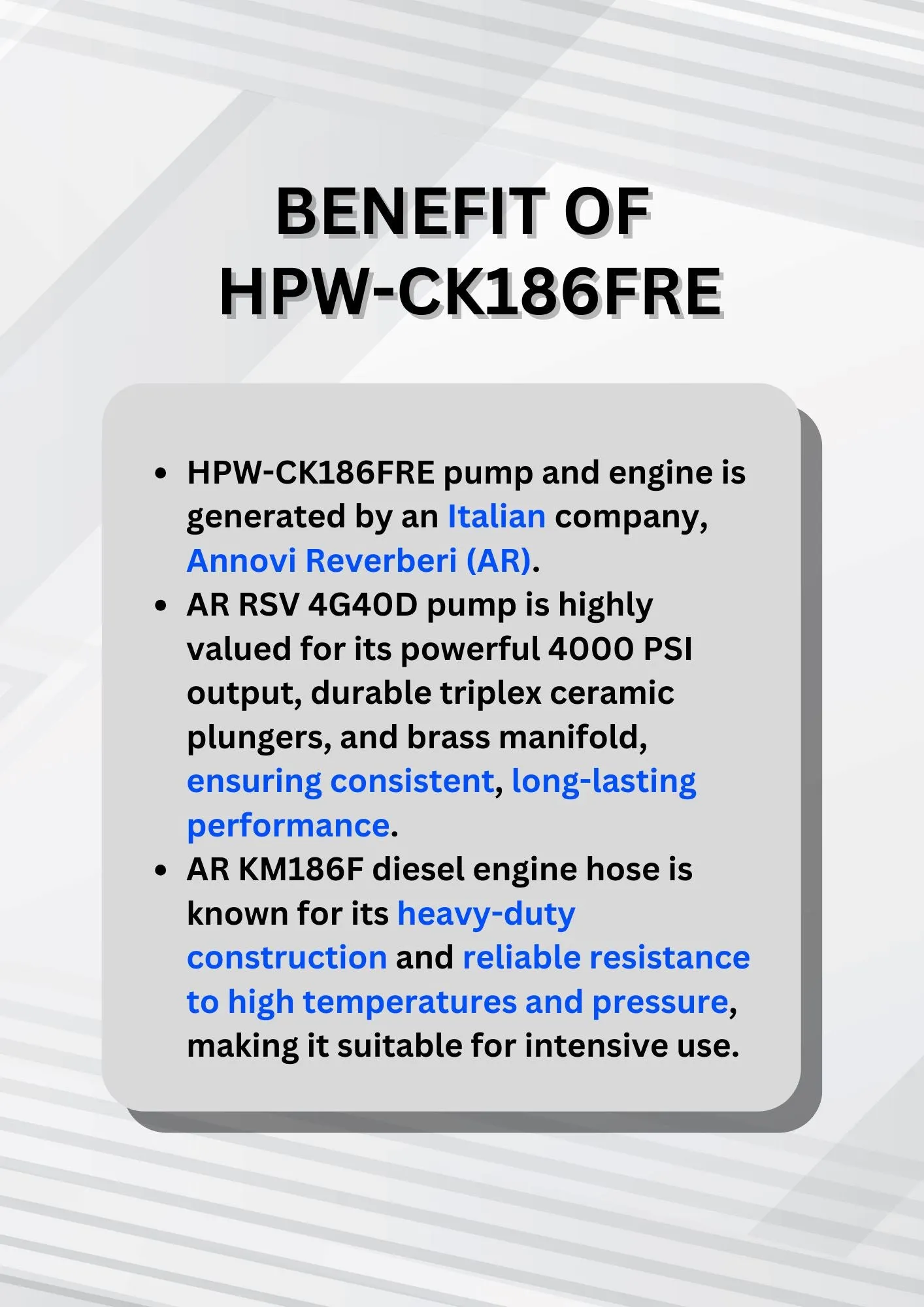 Aiko Diesel 250Bar 10Hp High Pressure AR Pump C/W 20m Pressure Hose (Italy) & Gun  | Model : HPW-CK186FRE