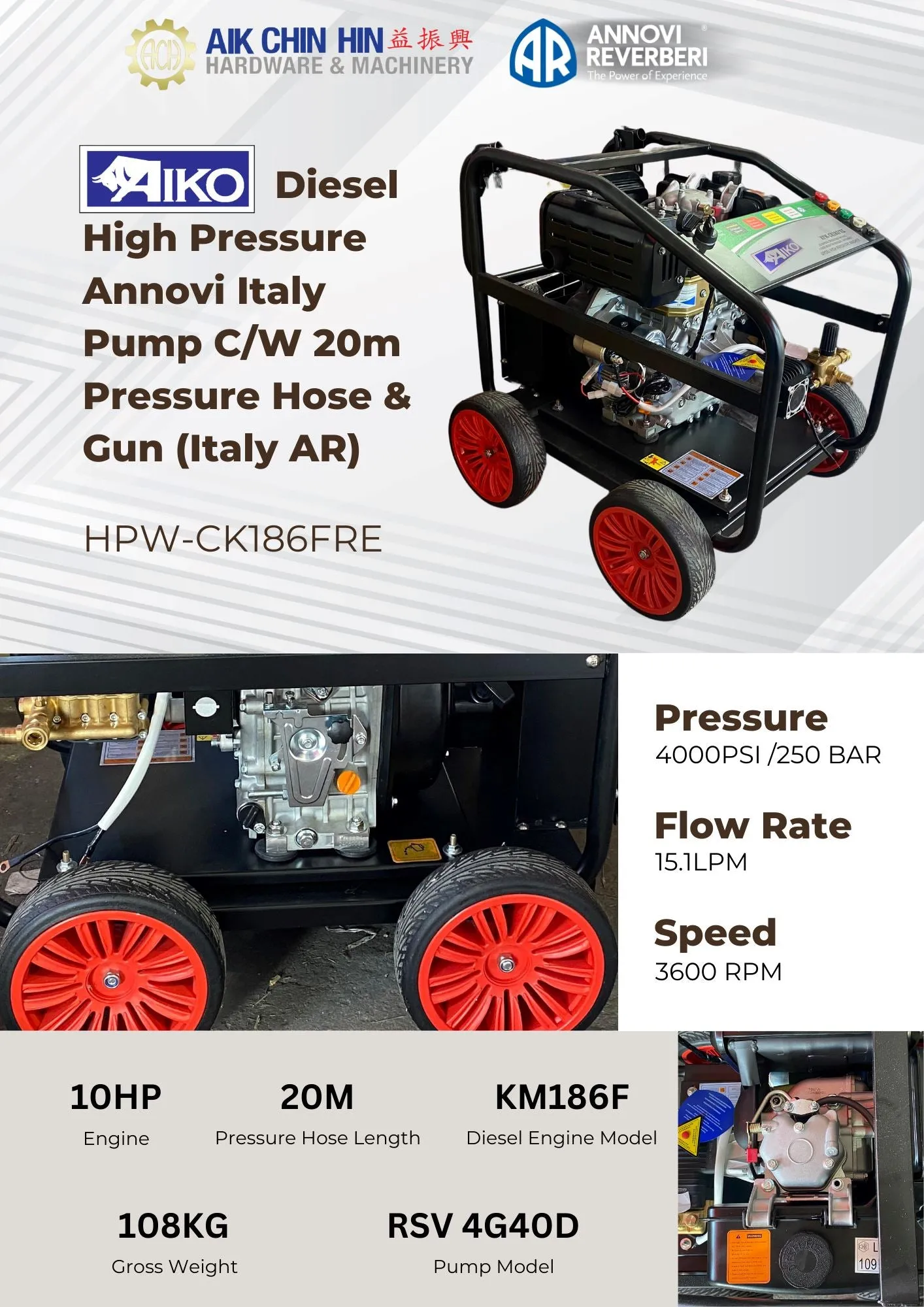Aiko Diesel 250Bar 10Hp High Pressure AR Pump C/W 20m Pressure Hose (Italy) & Gun  | Model : HPW-CK186FRE