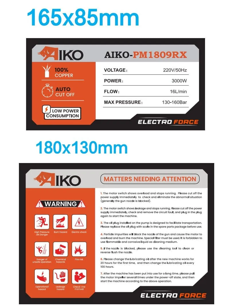 Aiko High Pressure Washer 3KW 220V C/W 10M Hose &amp; Gun | Model: HPW-PM1809RX