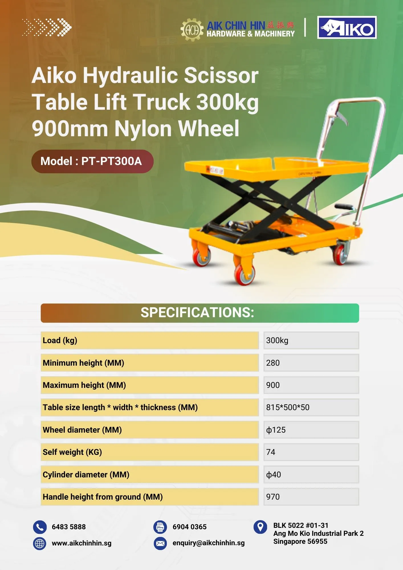 Aiko Hydraulic Scissor Table Lift Truck 300kg 900mm Nylon Wheel | Model: PT-PT300A