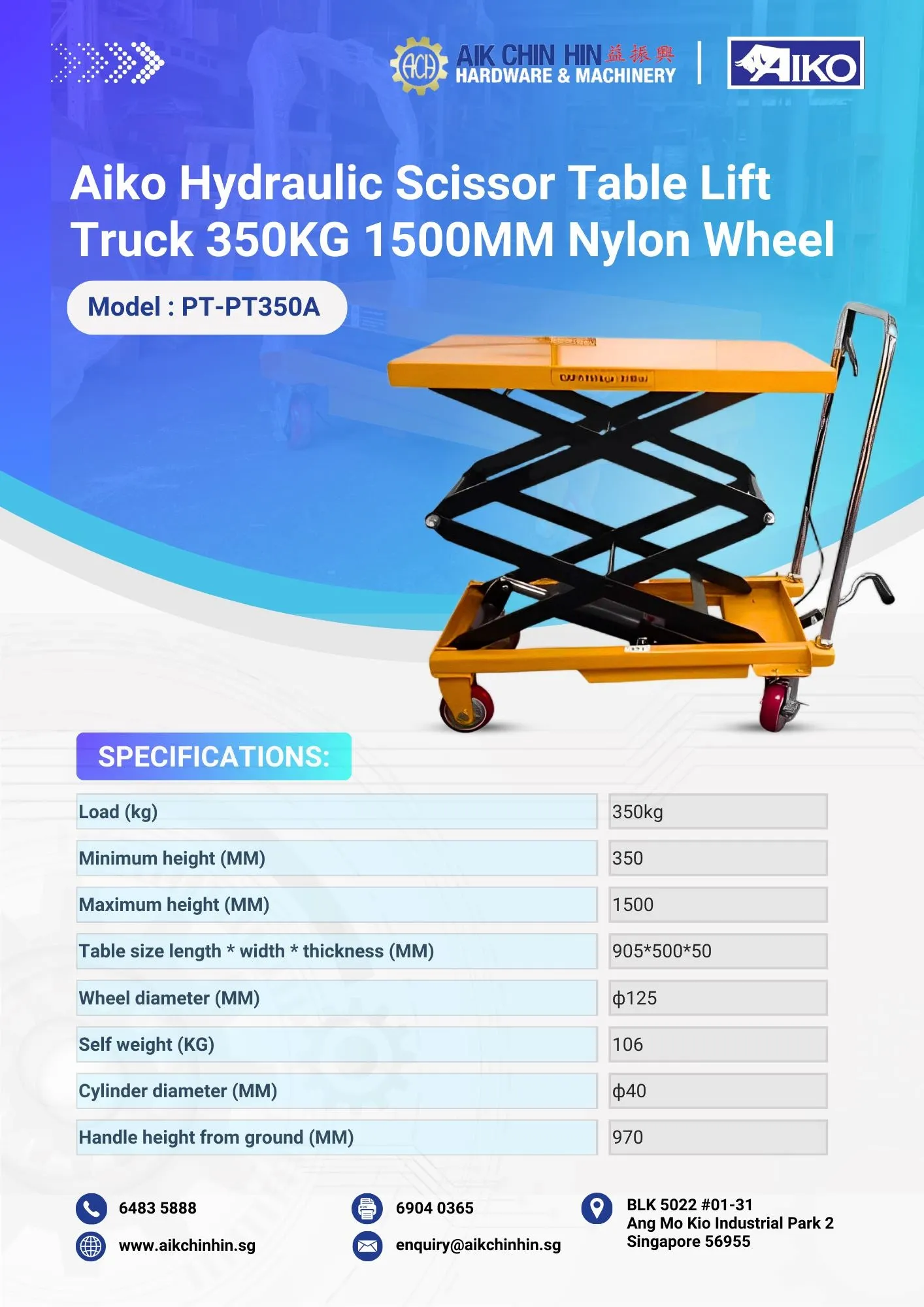 Aiko Hydraulic Scissor Table Lift Truck 350KG 1500MM Nylon Wheel | Model: PT-PT350A