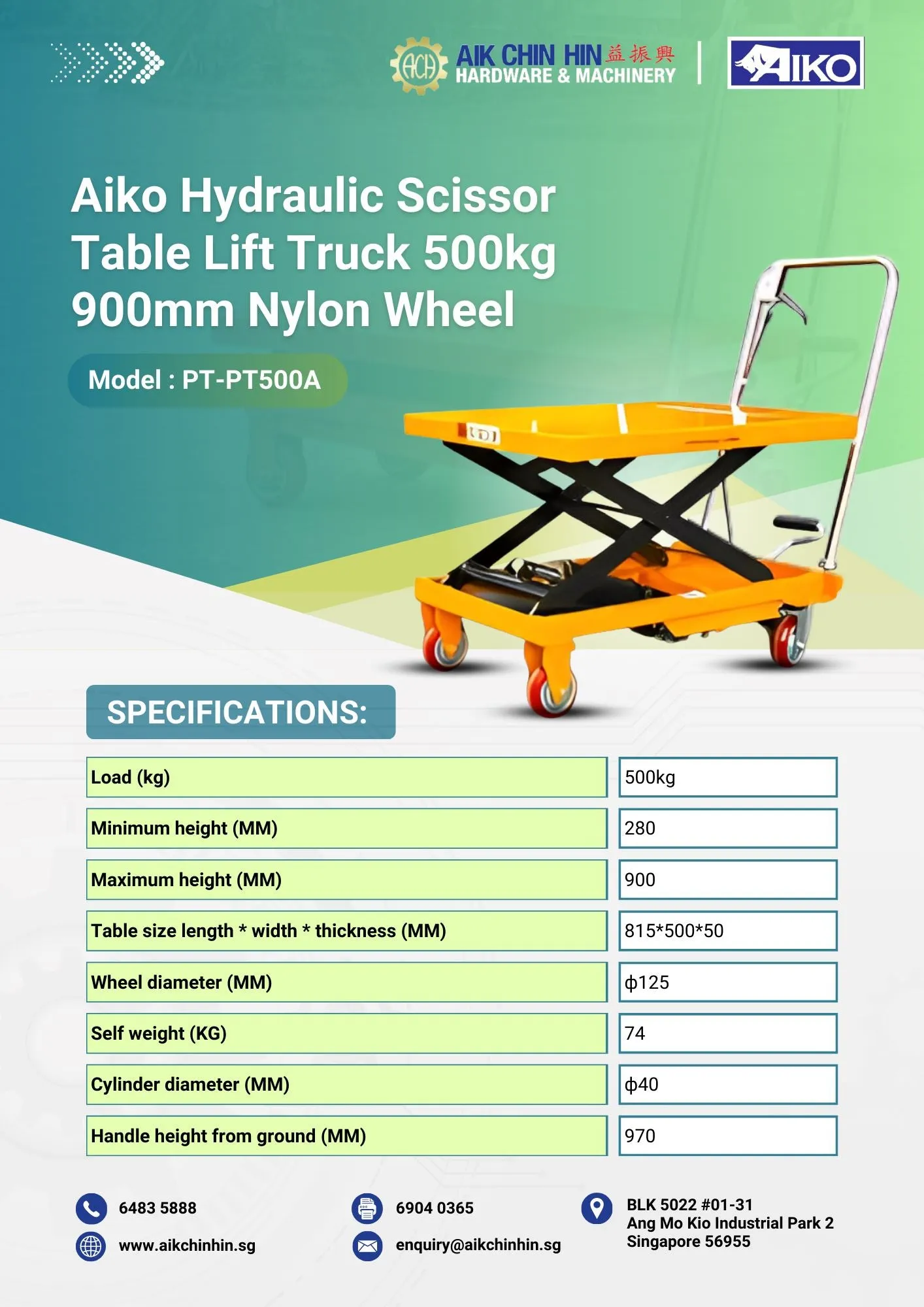Aiko Hydraulic Scissor Table Lift Truck 500kg 900mm Nylon Wheel | Model:&nbsp;PT-PT500A