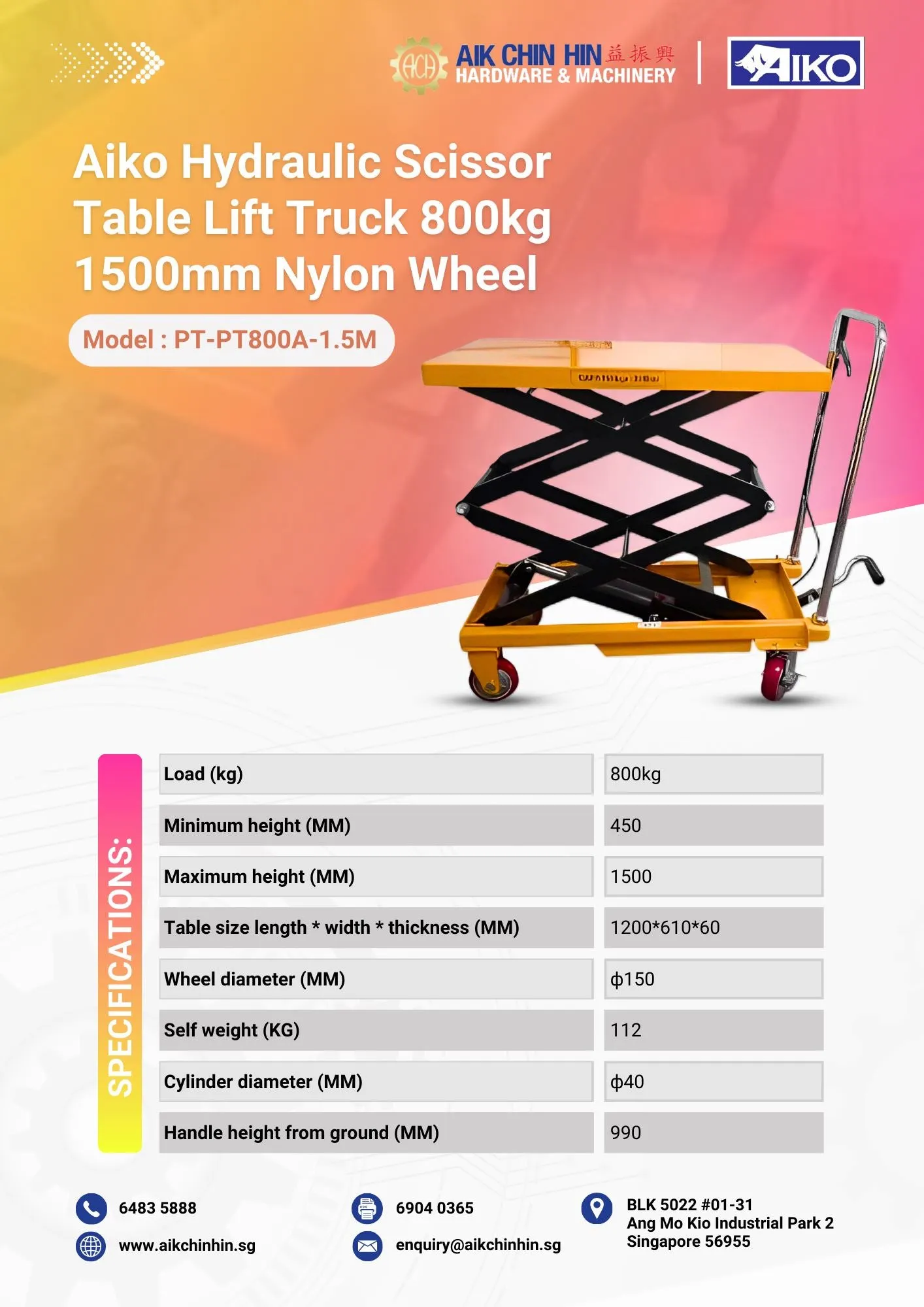 Aiko Hydraulic Scissor Table Lift Truck 800kg 1500mm Nylon Wheel | Model: PT-PT800A-1.5M