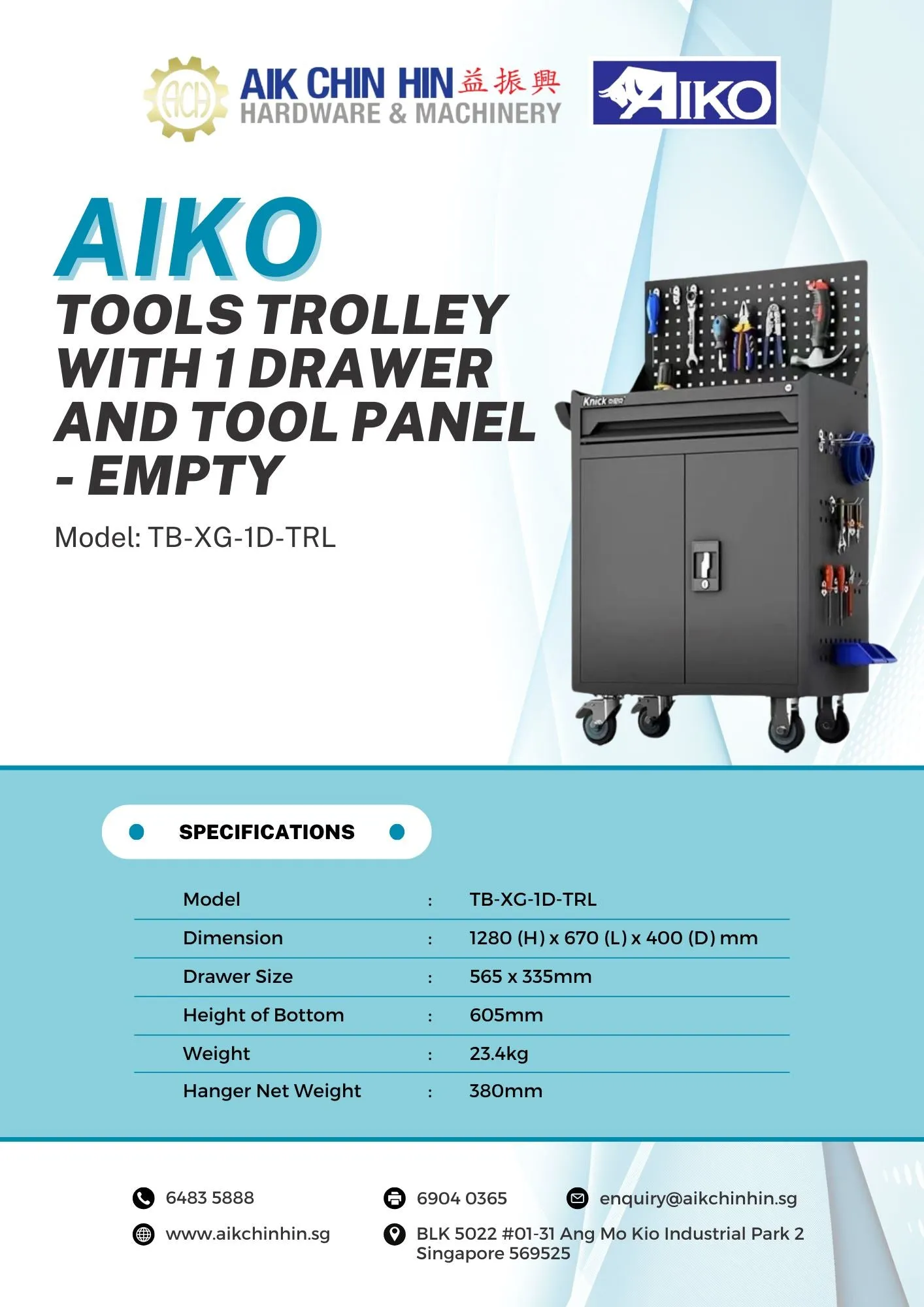 Aiko Tools Trolley with 1 Drawer and Tool Panel - Empty | Model : TB-XG-1D-TRL