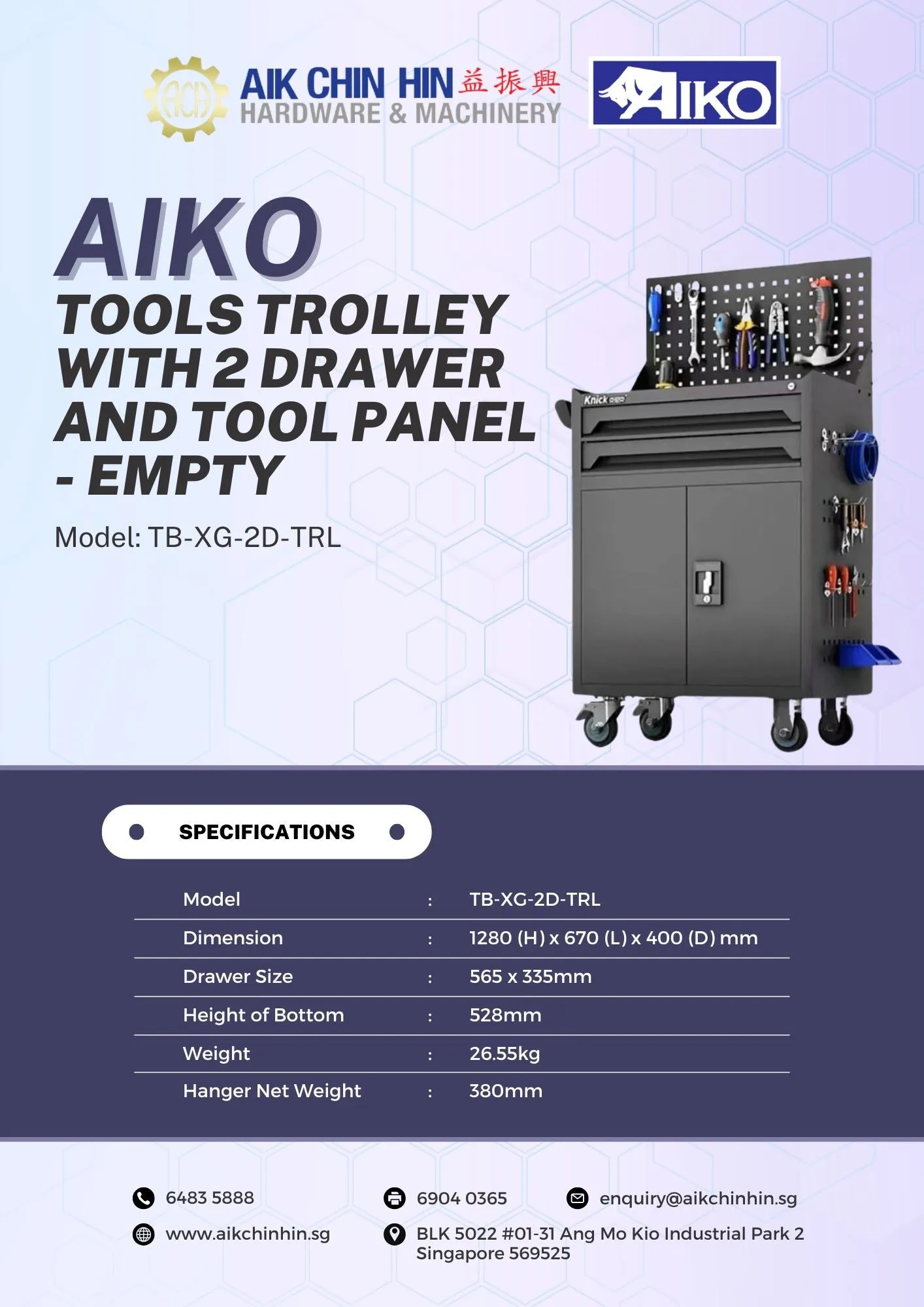 Aiko Tools Trolley with 2 Drawer and Tool Panel - Empty | Model : TB-XG-2D-TRL