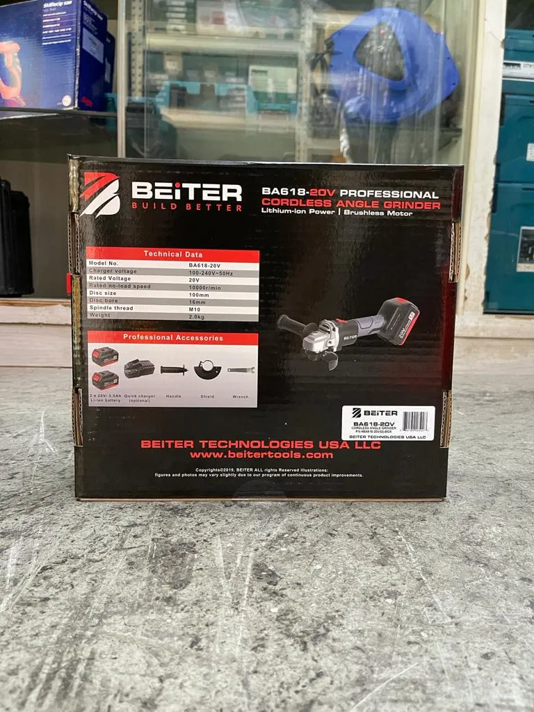 Beiter BA618-20V Cordless Angle Grinder 20V Brushless with 5.0Ah Batt Li-Ion 4 & Charger | Model : BA618-20V