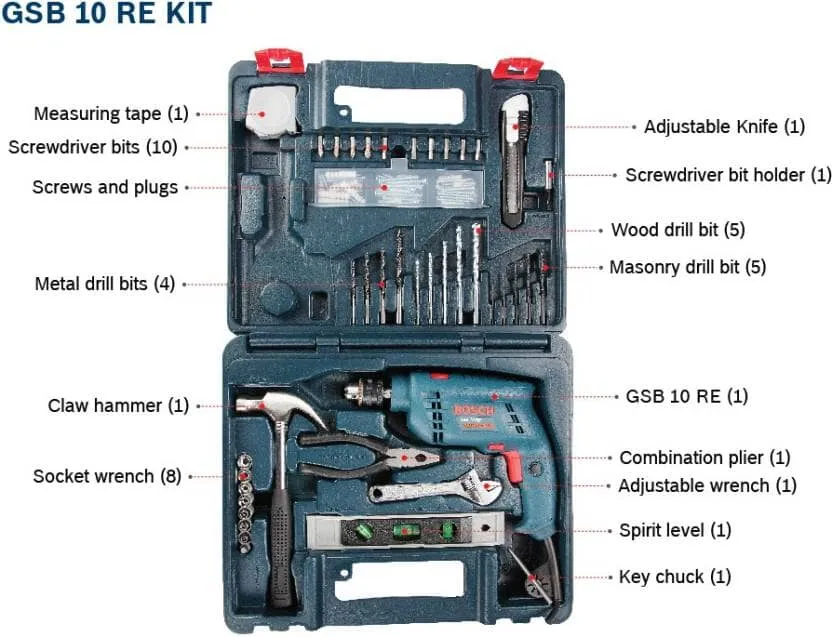 Bosch GSB10RE Professional Impact Drill Set with Hand Tools and Accessories | Model : B-GSB10RE