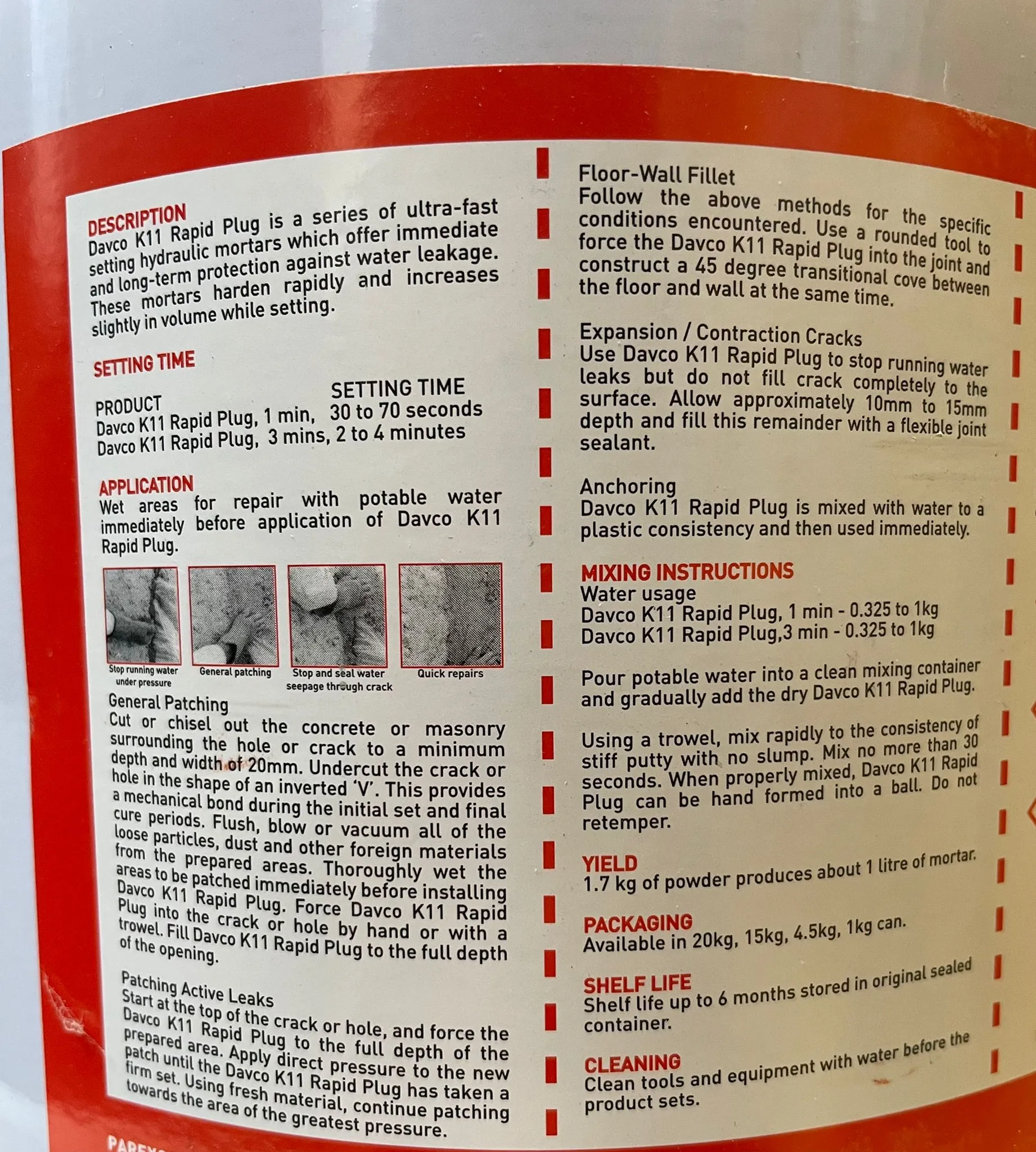 Davco K11 Rapid Plug 1 Quick Setting Hydraulic Cement 4.5kg | Model : DAVCO-K11RP-4.5KG