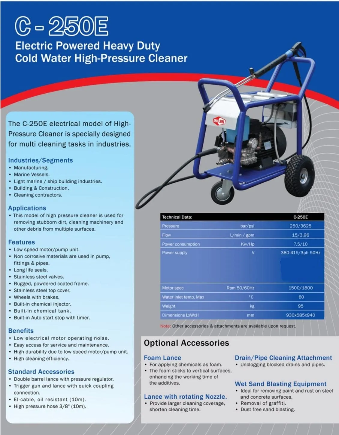 Densin C250E Electric Powered Heavy Duty Cold Water High - Pressure Cleaner | Model : C250E