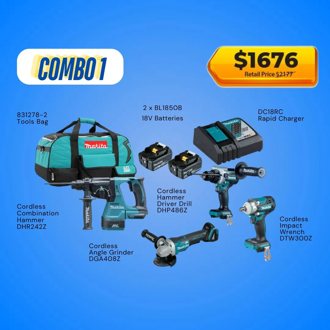 Makita 18V Cordless Combo Kit Includes Combination Hammer. Hammer Driver Drill. Impact Wrench BL. Angle Grinder and 2x 5.0Ah Batteries with Charger