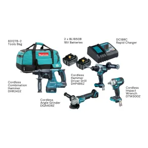 Makita 18V Cordless Combo Kit Includes Combination Hammer. Hammer Driver Drill. Impact Wrench BL. Angle Grinder and 2x 5.0Ah Batteries with Charger