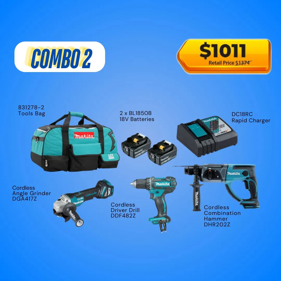 Makita 18V Cordless Combo Kit Includes Rotary Hammer. Angle Grinder. Driver Drill and 2x 5.0Ah Batteries with Charger