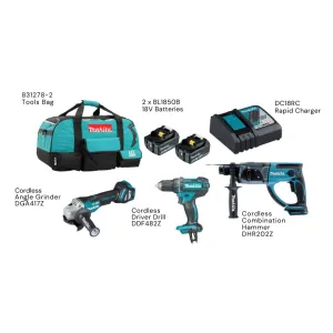 Makita 18V Cordless Combo Kit Includes Rotary Hammer. Angle Grinder. Driver Drill and 2x 5.0Ah Batteries with Charger