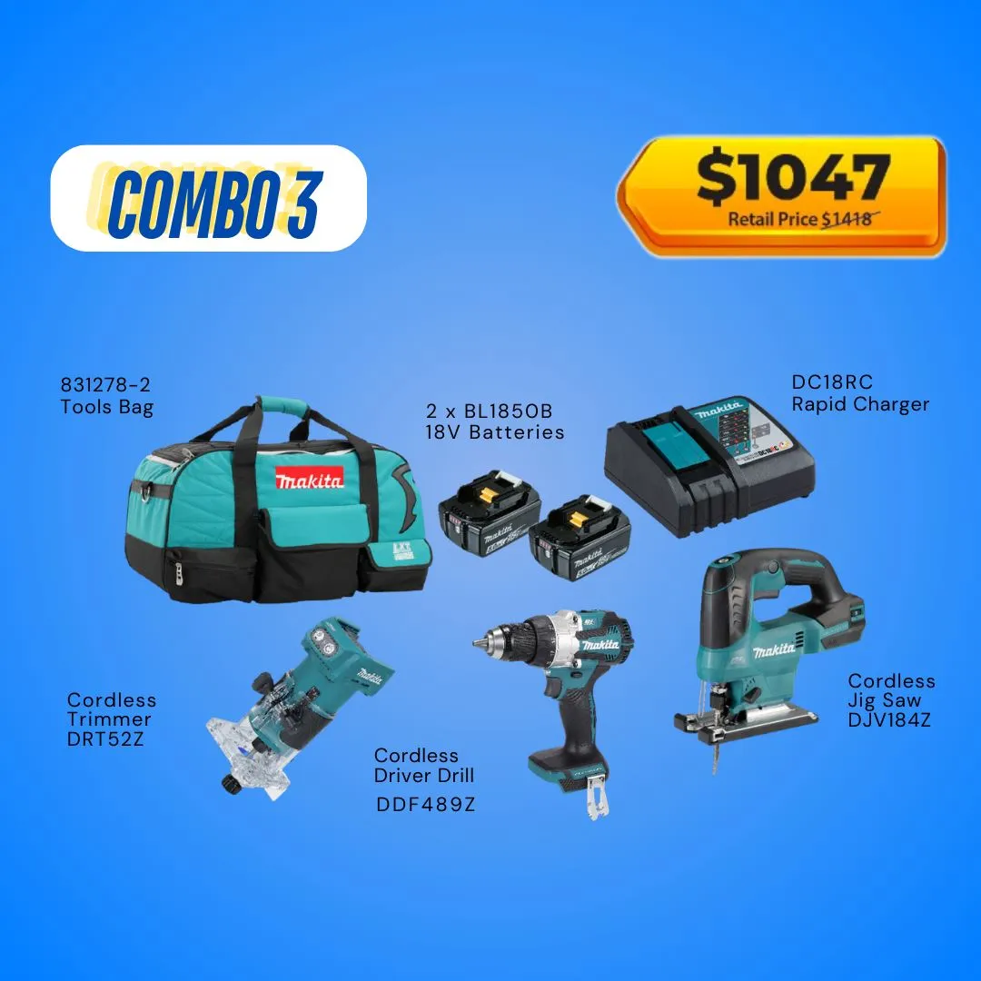 Makita 18V Cordless Combo Kit Includes Trimmer. Driver Drill. Jig Saw and 2x 5.0Ah Batteries with Charger