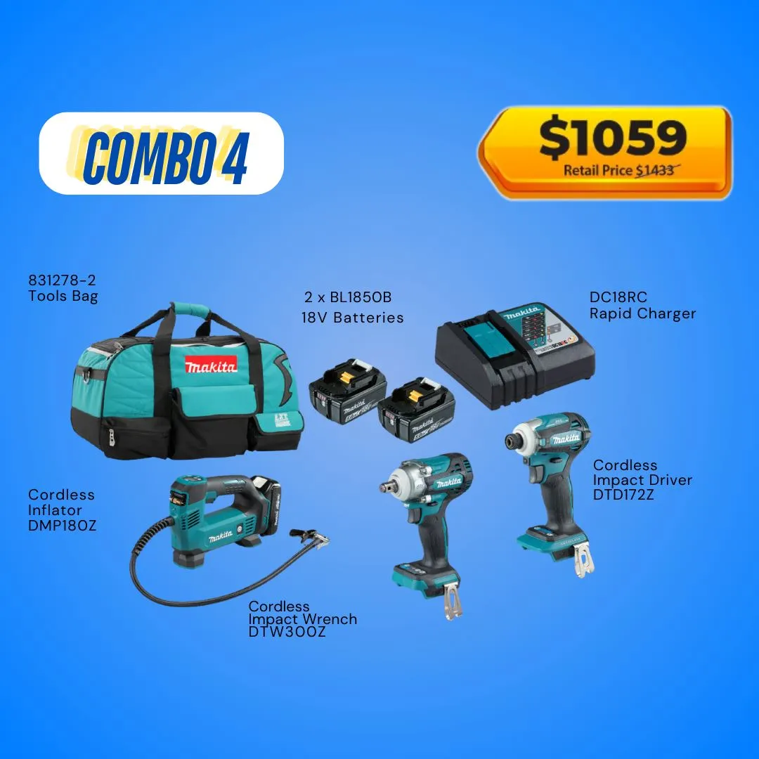 Makita 18V Cordless Combo Kit Includes Trimmer. Driver Drill. Jig Saw and 2x 5.0Ah Batteries with Charger