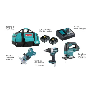 Makita 18V Cordless Combo Kit Includes Trimmer. Driver Drill. Jig Saw and 2x 5.0Ah Batteries with Charger