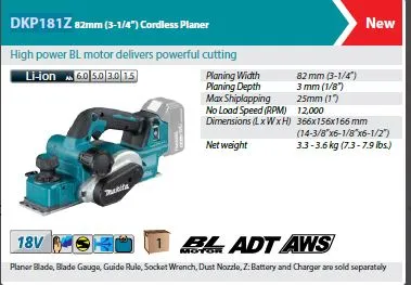 Makita 82Mm (3-1/4) Cordless Planer (Body Only) | Model : M-DKP181Z