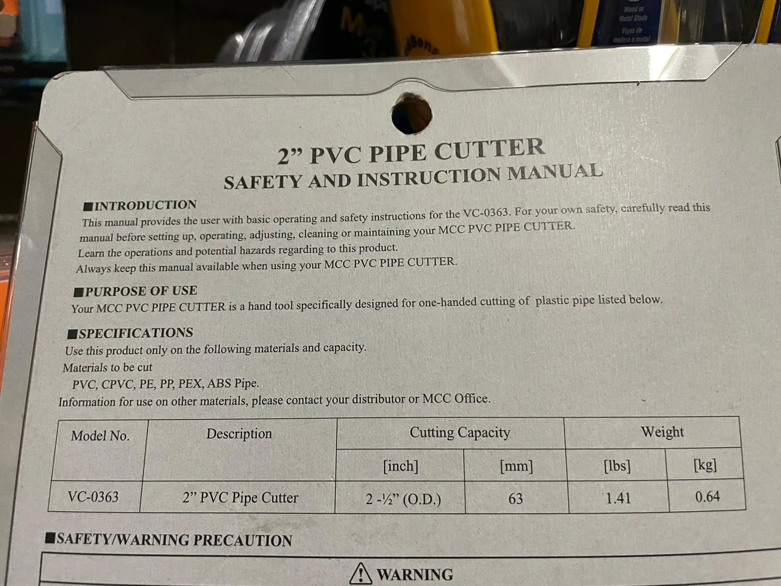 MCC 2 PVC Pipe Cutter | Model: MCC-VC-0363