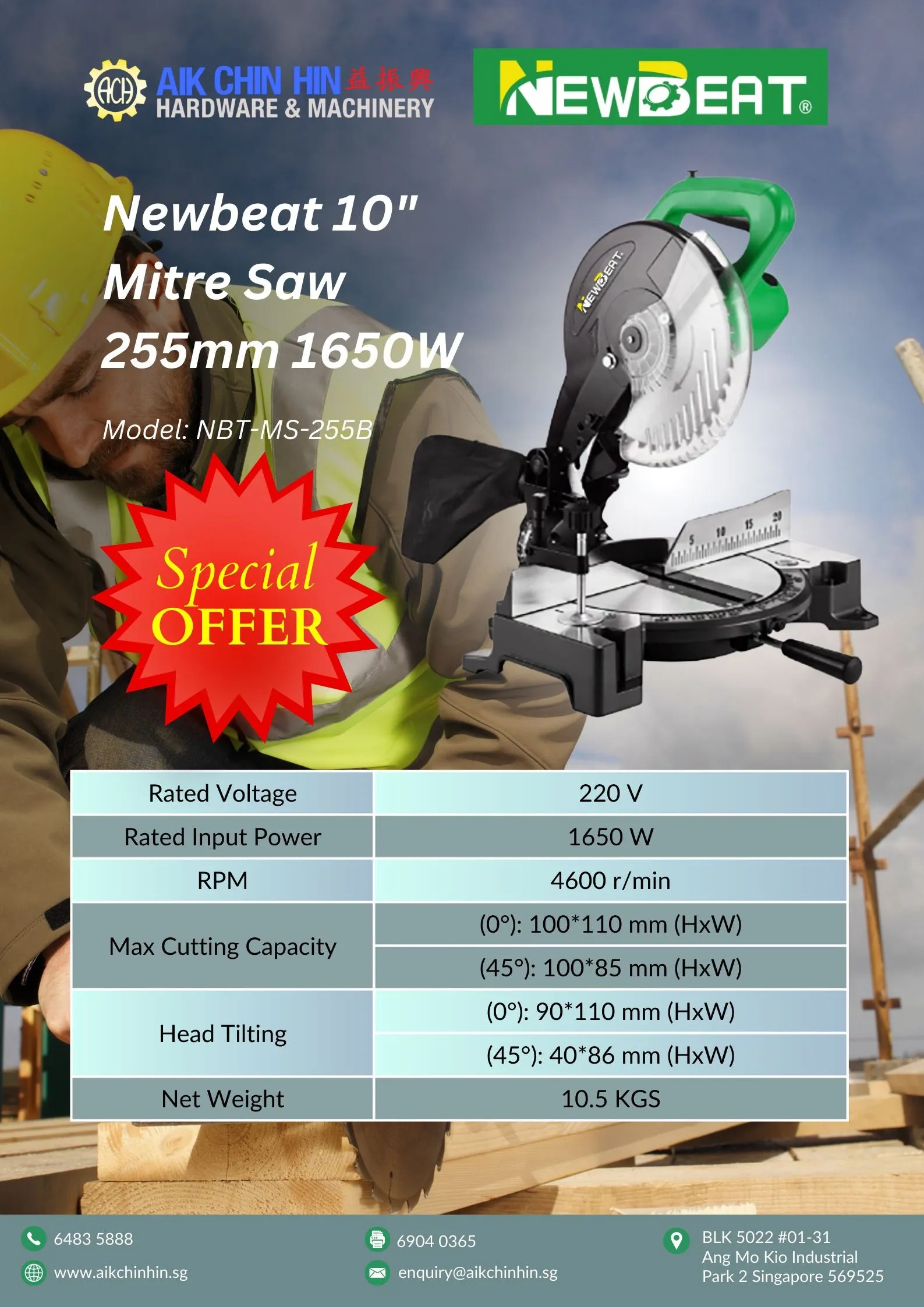 Newbeat 10 Mitre Saw 255mm 1650W | Model: NBT-MS-255B