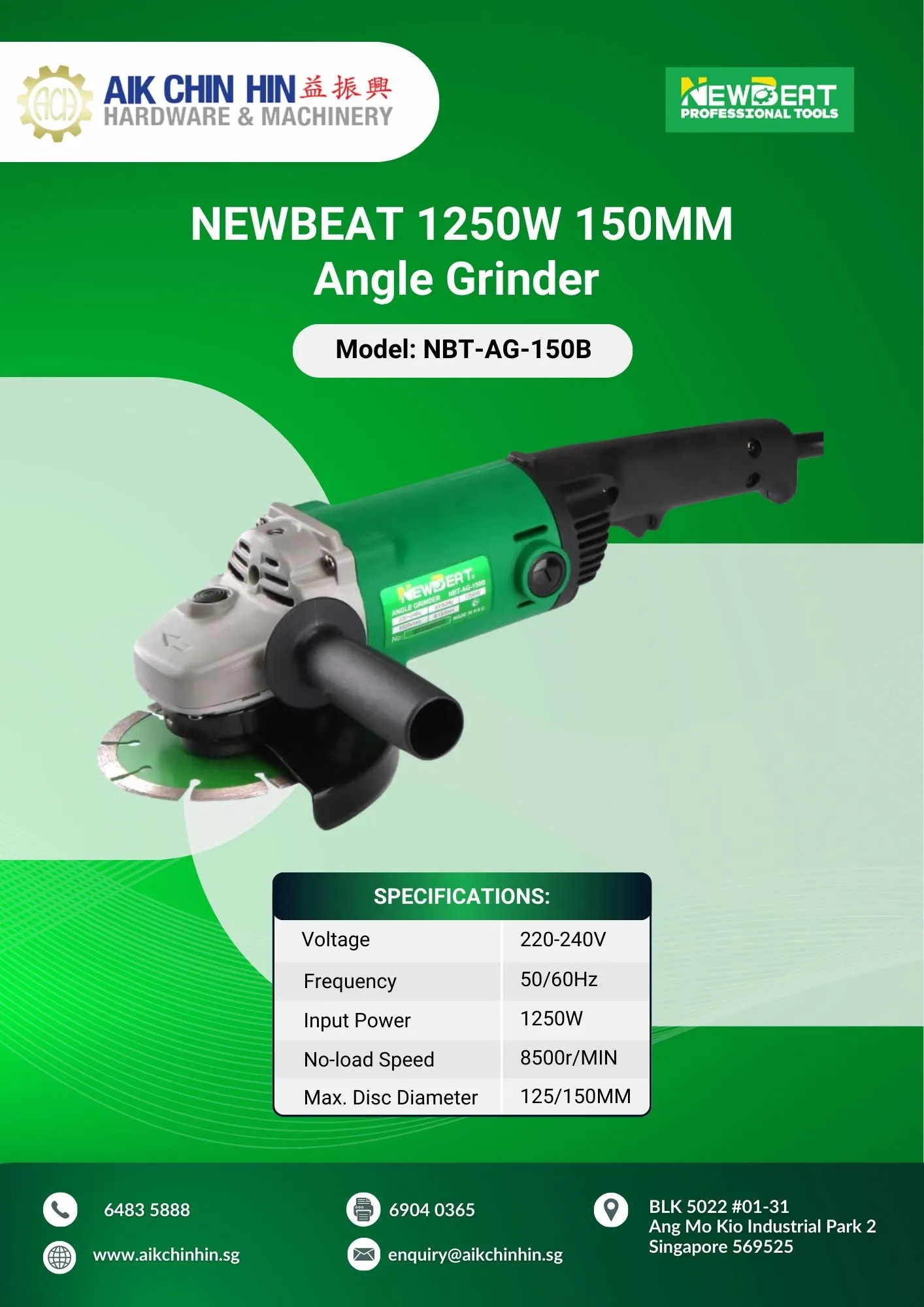 NEWBEAT 1250W 150MM Angle Grinder | Model: NBT-AG-150B