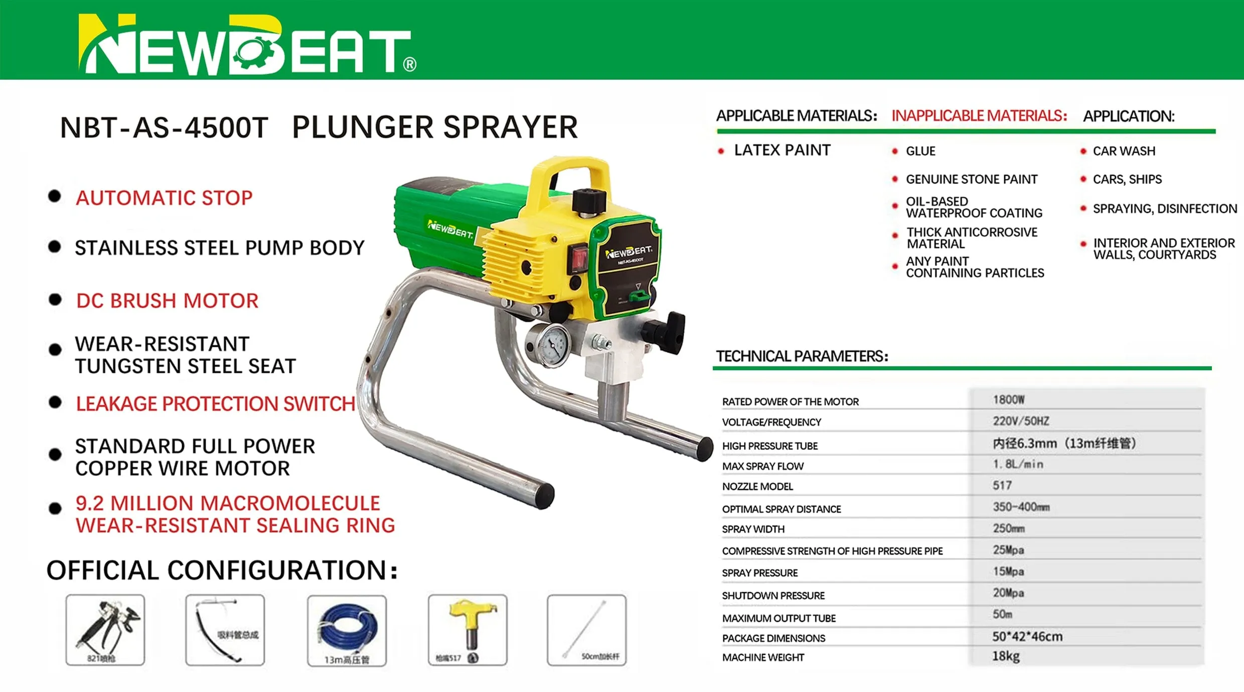 NEWBEAT 1800W High Pressure Airless Sprayer | Model : NBT-AS-4500T