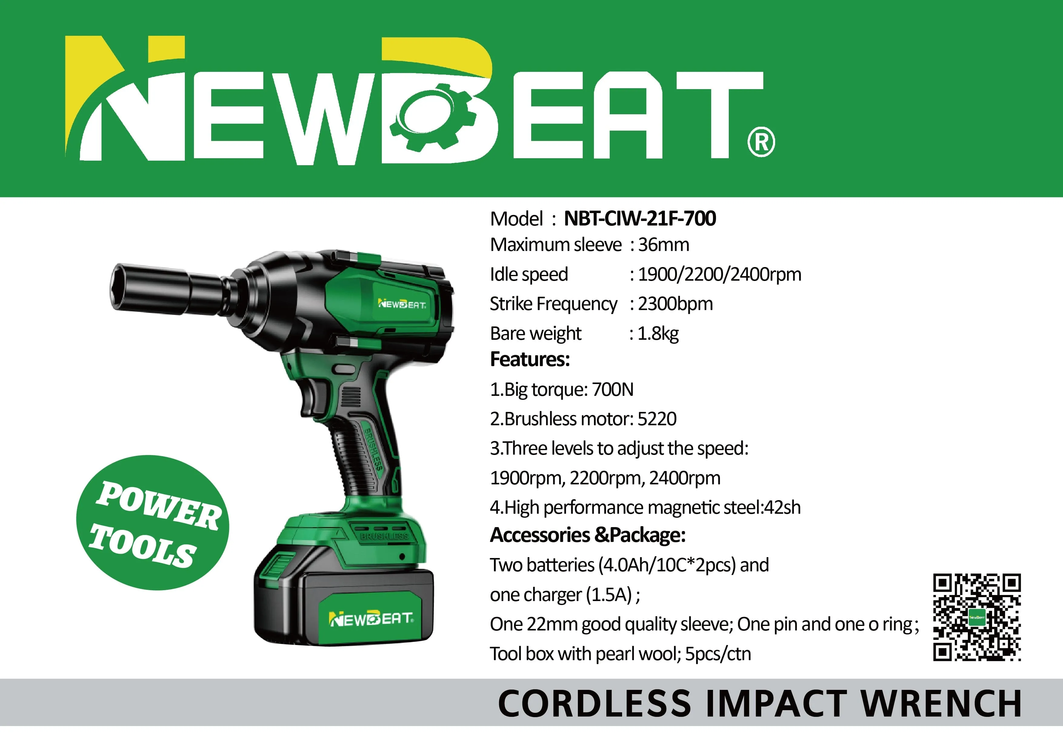 NEWBEAT 21V Cordless 1/2 700 NM Impact Wrench (Brushless) C/W 2 Battery 1 Charger | Model : NBT-CIW-21F-700