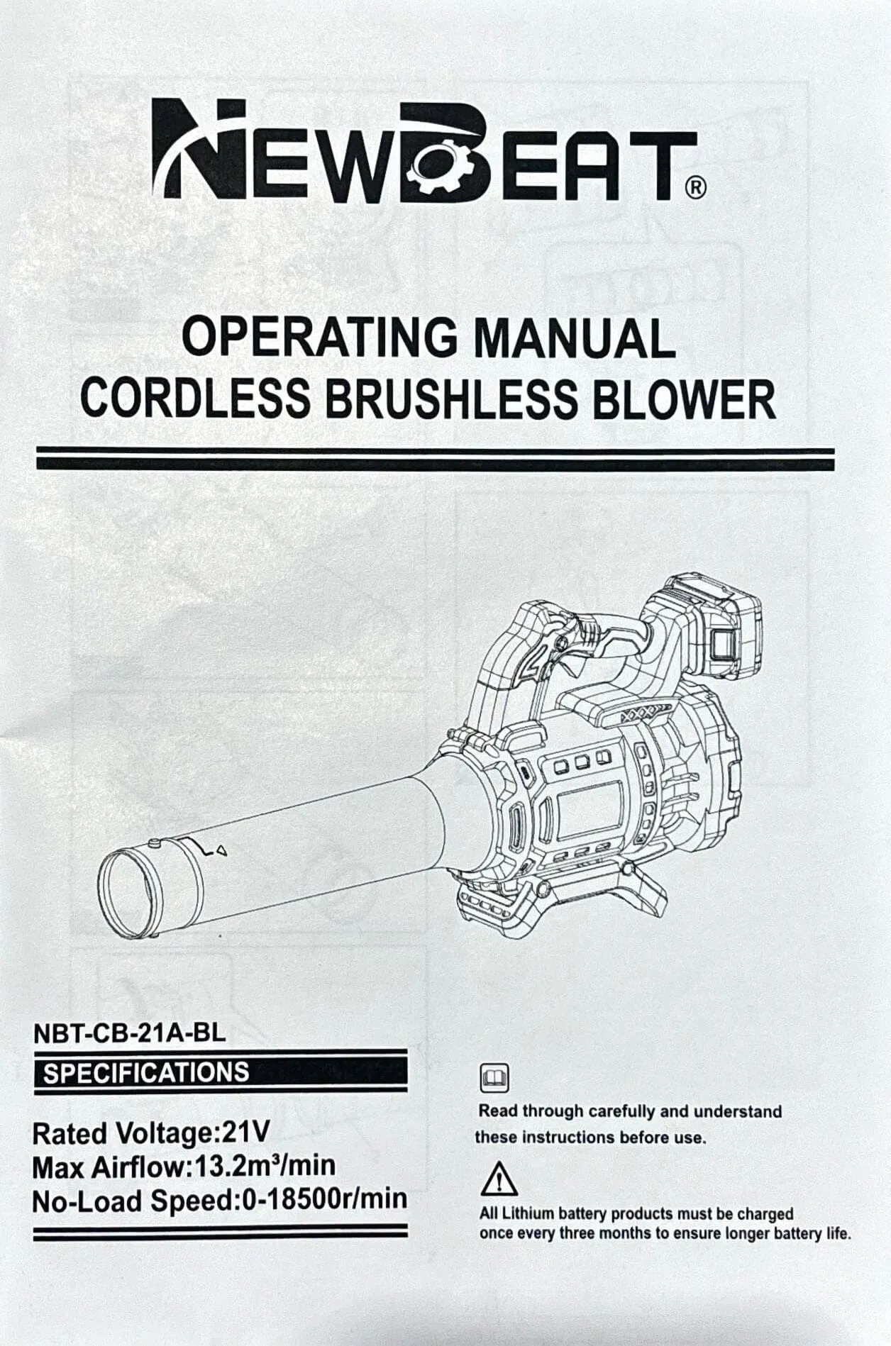 Newbeat 21V Cordless Blower C/W 2 Battery and 1 Charger | Model : NBT-CB-21A-BL