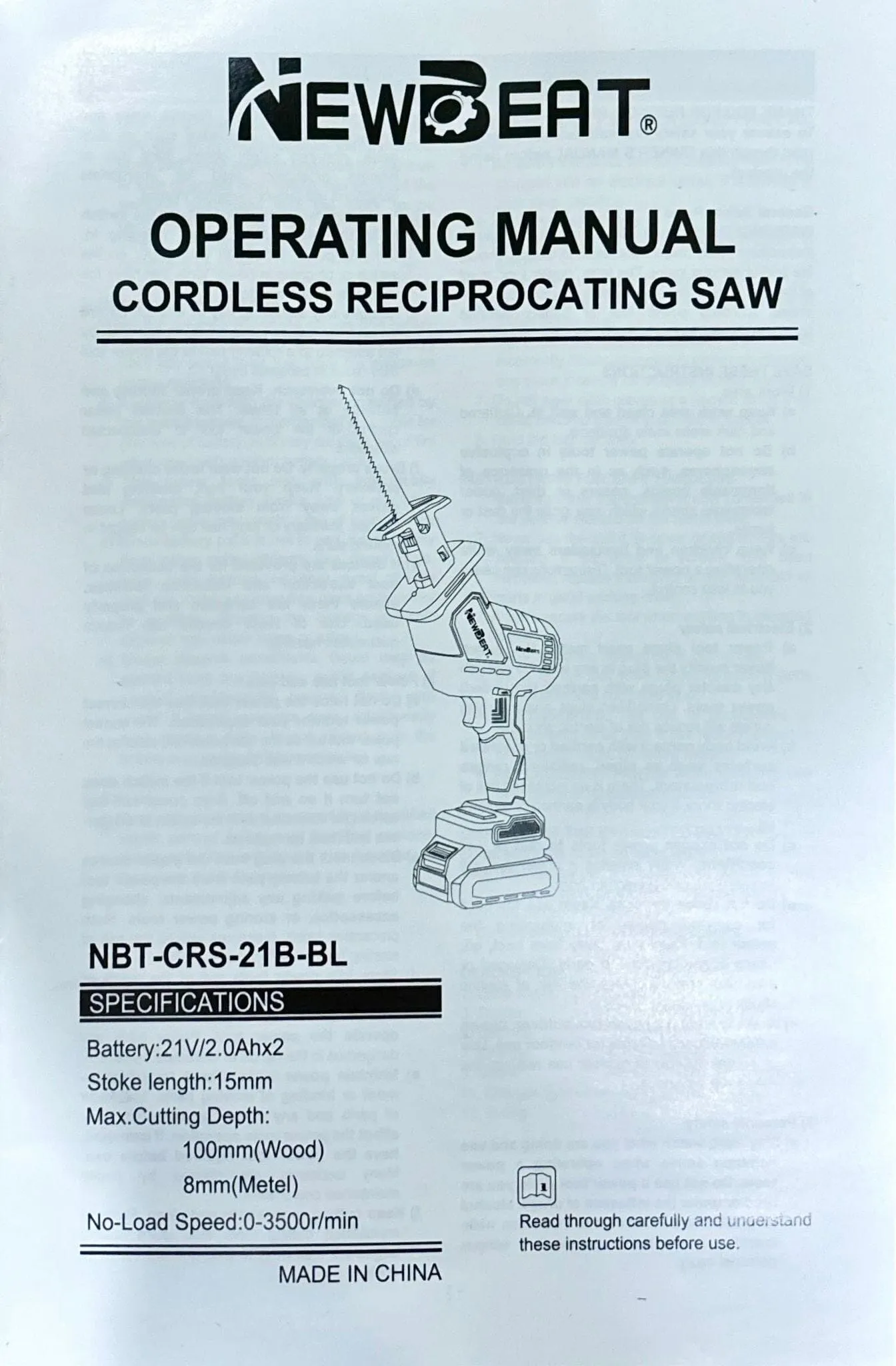 Newbeat 21V Cordless Reciprocating Saw C/W 2 Battery and 1 Charger | Model : NBT-CRS-21B-BL