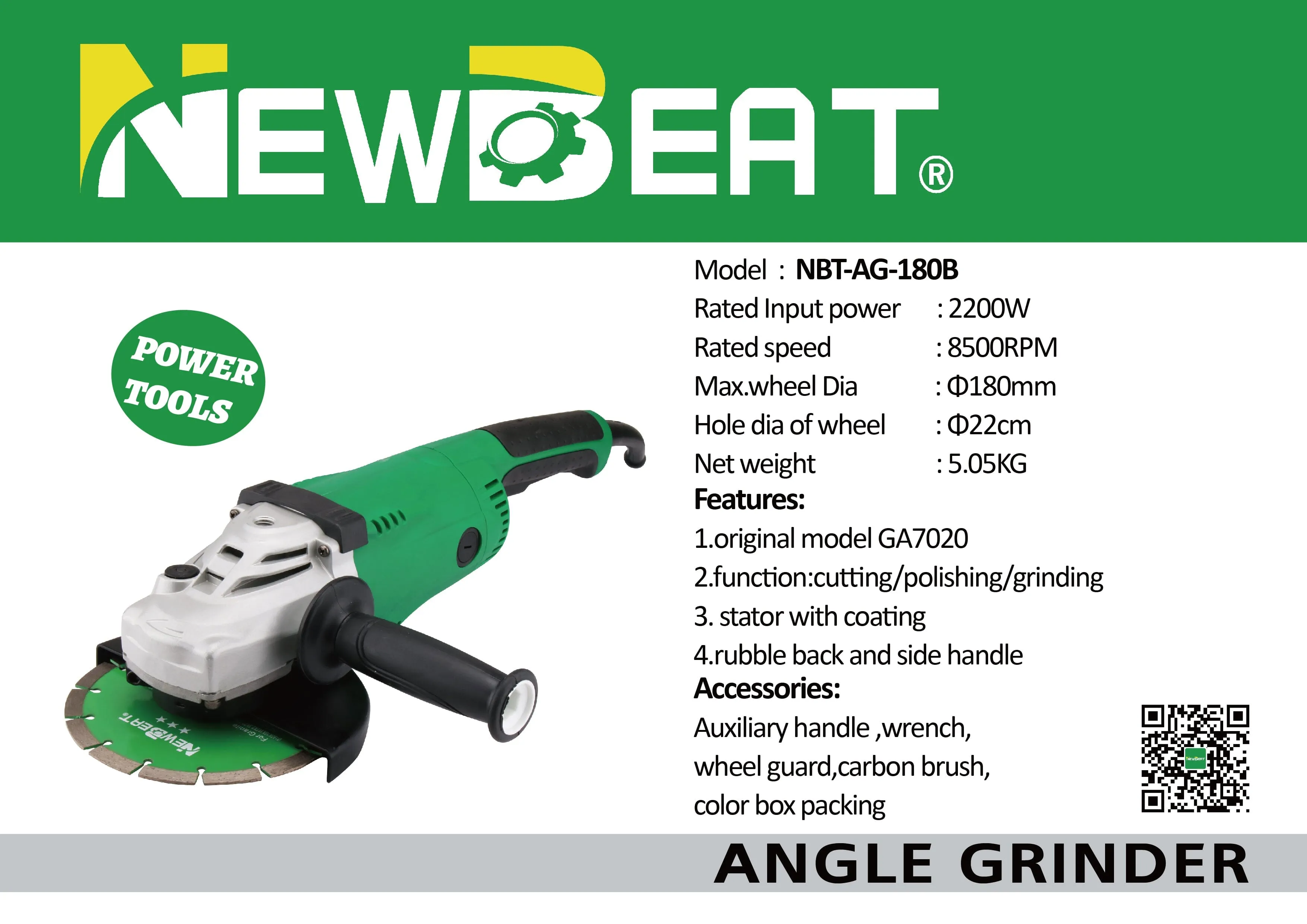 Newbeat 2200W Angle Grinder 180mm| Model: NBT-AG-180B