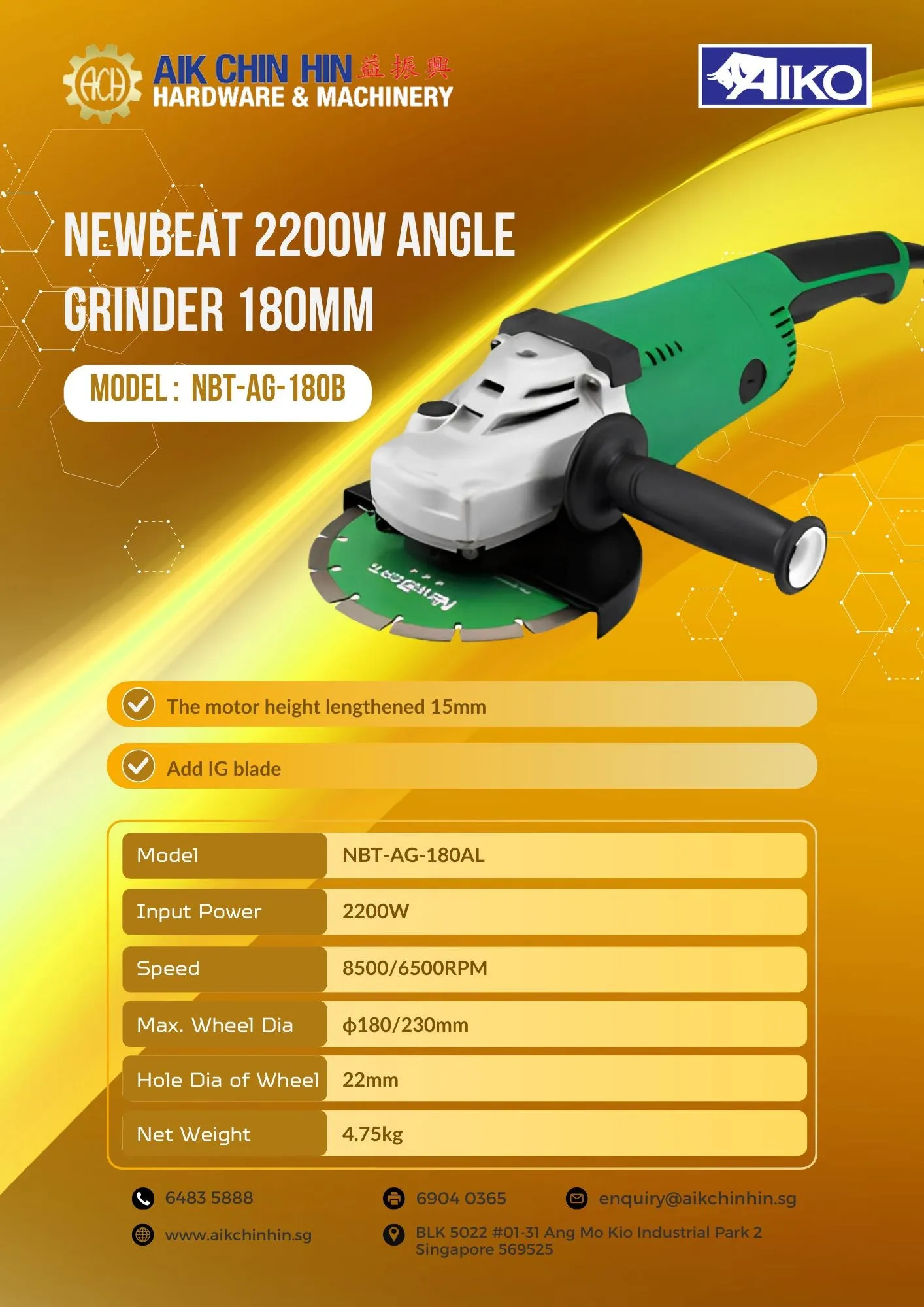 Newbeat 2200W Angle Grinder 180mm| Model: NBT-AG-180B