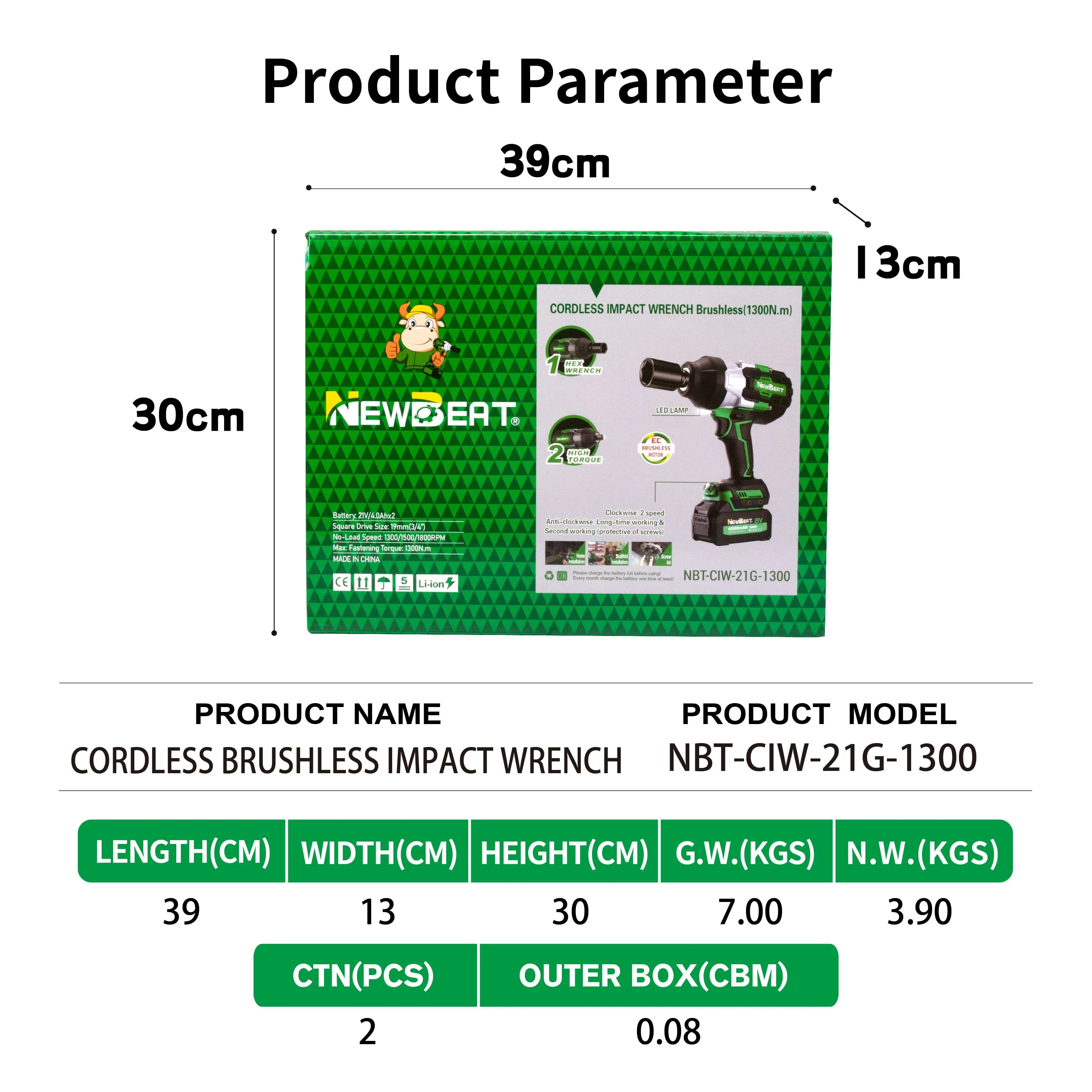 Newbeat 3/4 Cordless Impact Wrench (BL) SQ DR 21V 1300N.m C/W 2 Battery and 1 Charger | Model: NBT-CIW-21G-1300