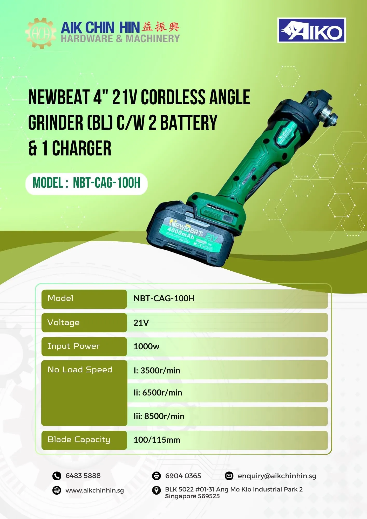 Newbeat 4 21V Cordless Angle Grinder (BL) C/W 2 Battery & 1 Charger | Model: NBT-CAG-100H