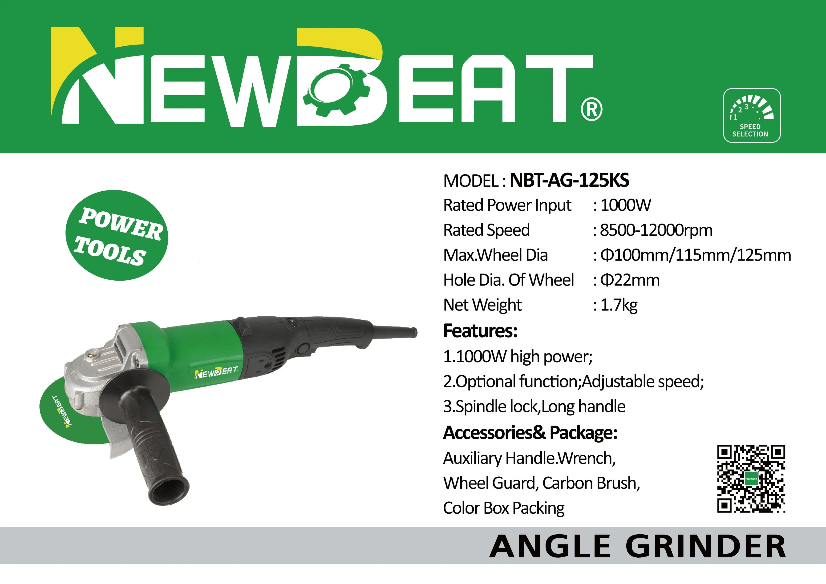NEWBEAT 5 1000W Angle Grinder 125MM with Variable Speed  | Model : NBT-AG-125KS