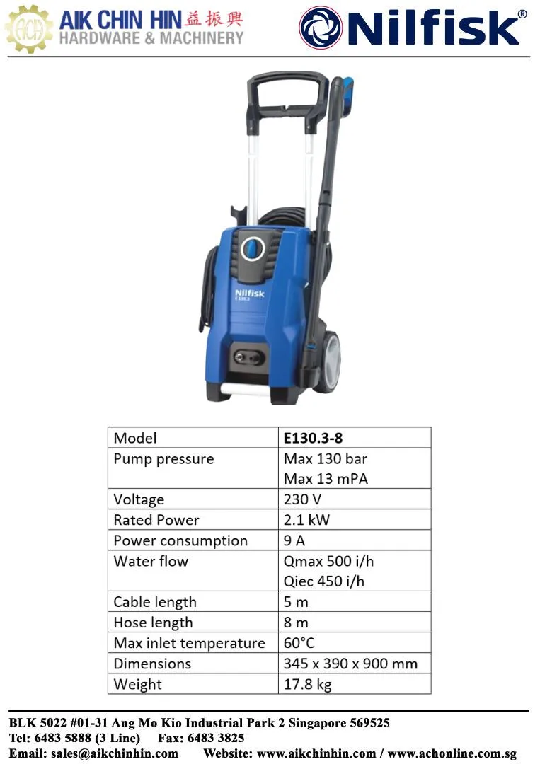 Nilfisk 130 Bar High Pressure Cleaner (Washer) with Metal Pump | Model : E130.3-8 (obsolete)
