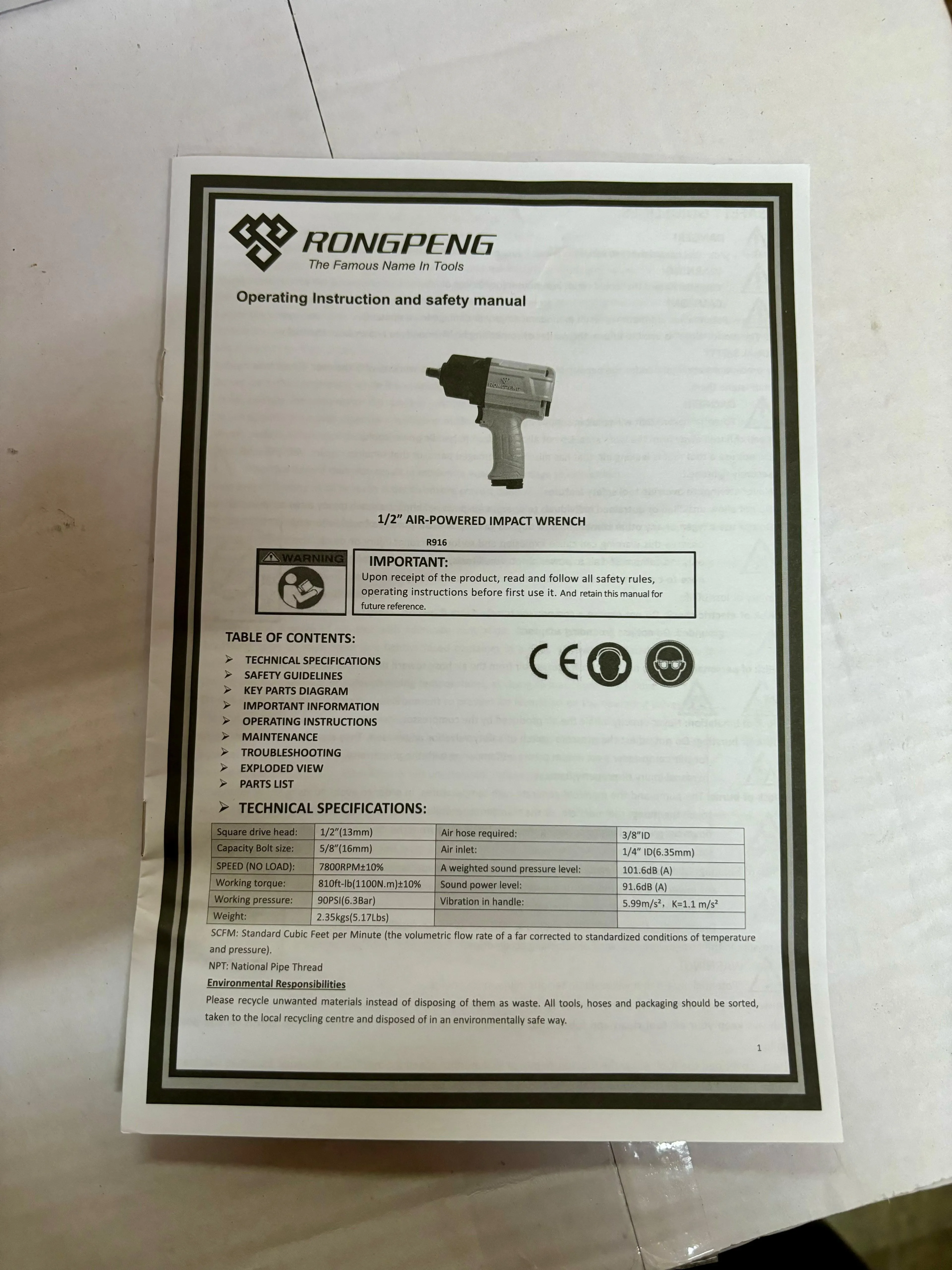 RONG PENG Air Impact Wrench 1/2 Max Torque 1100 N.m | Model : AT-RP916