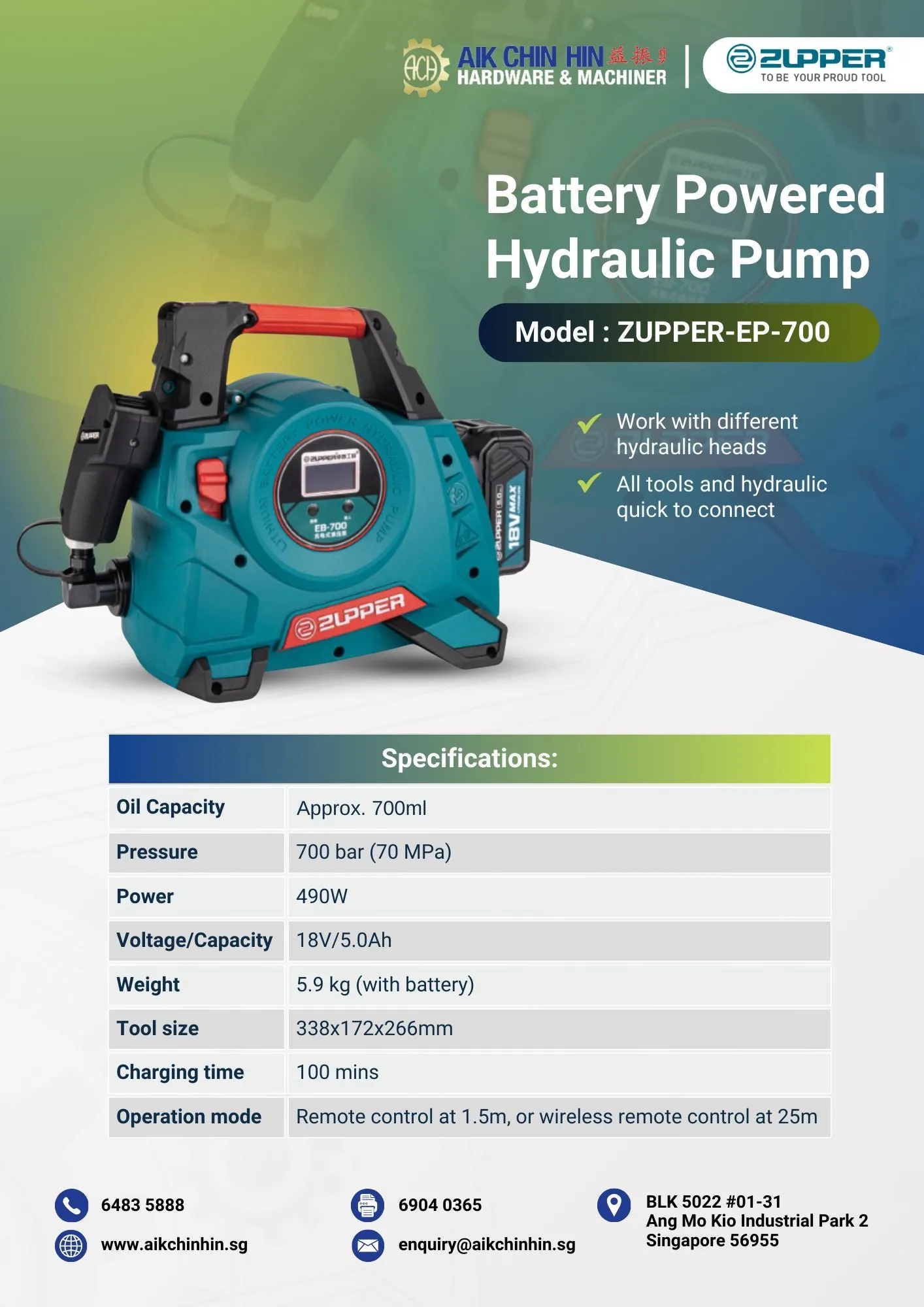 Zupper Battery Powered Hydraulic pump 700Bar | Model: ZUPPER-EP-700