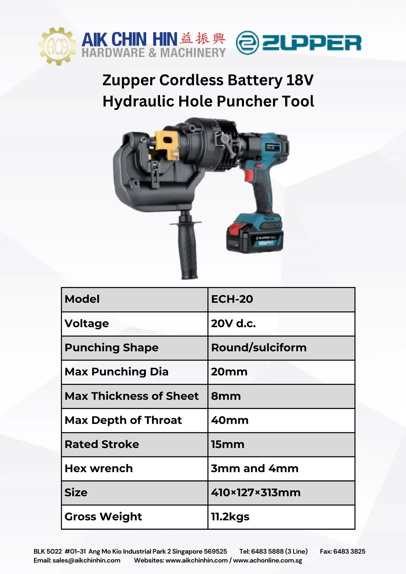 Zupper Cordless Battery 18V Hydraulic Hole Puncher Tool | Model : ECH-20