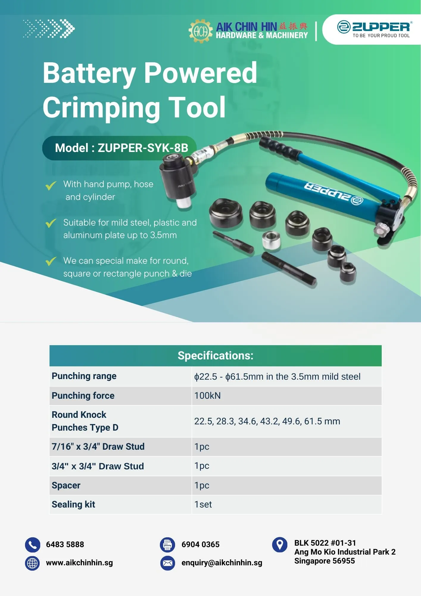 Zupper Hydraulic Knockout Punch 100Kn 3.5mm | Model: ZUPPER-SYK-8B